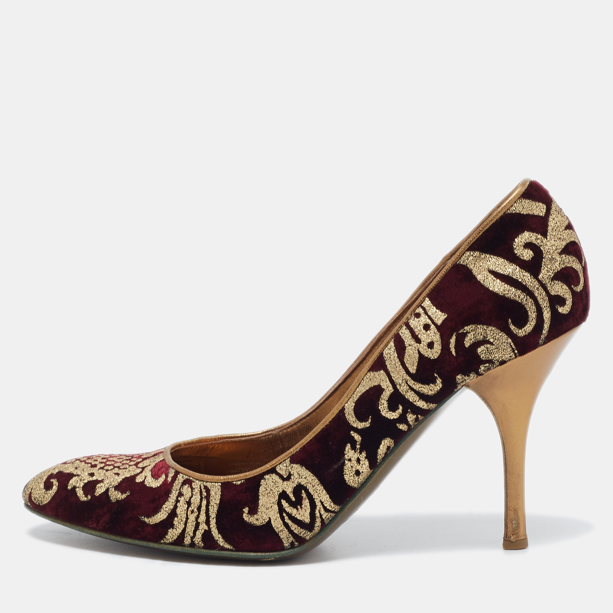 Pre-owned Roberto Cavalli Burgundy Velvet Embroidered Pumps Size 38.5