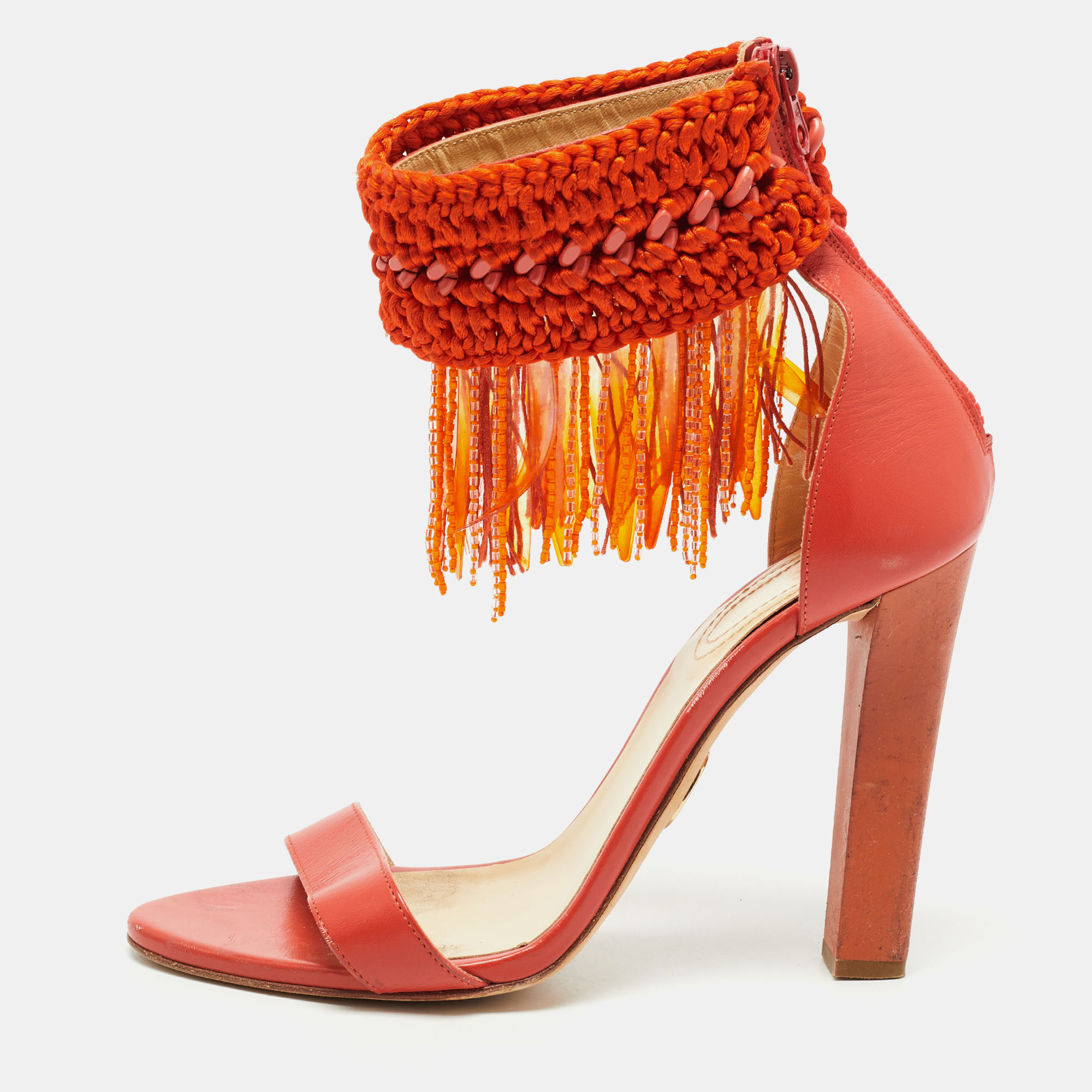Pre-owned Roberto Cavalli Orange Leather And Woven Fabric Fringes Ankle Strap Sandals Size 40