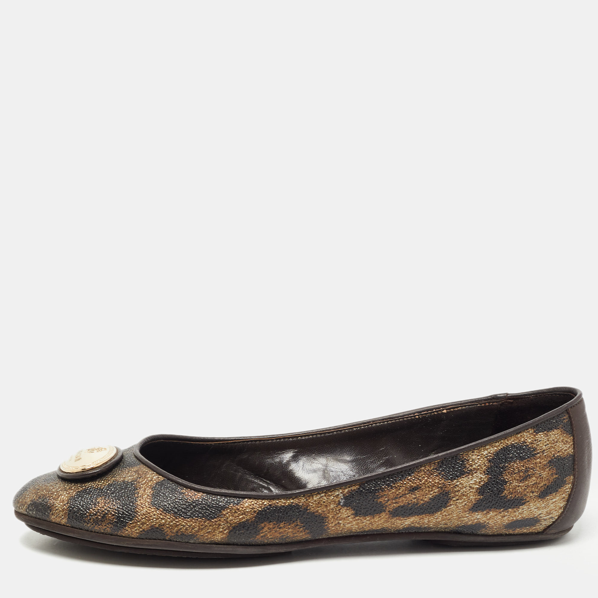 Pre-owned Roberto Cavalli Brown Leather And Canvas Animal Print Ballet Flats Size 41