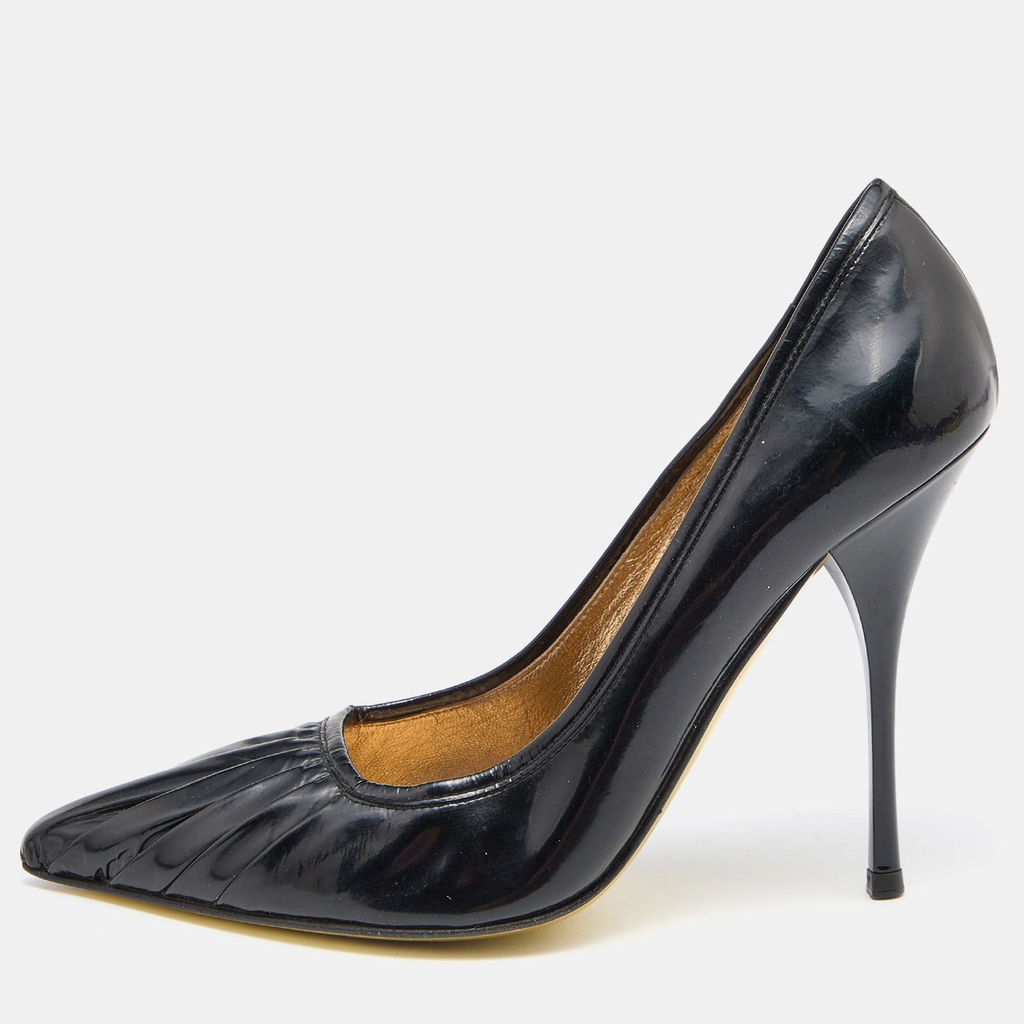 Pre-owned Roberto Cavalli Black Pleated Patent Leather Pointed Toe Pumps Size 36.5