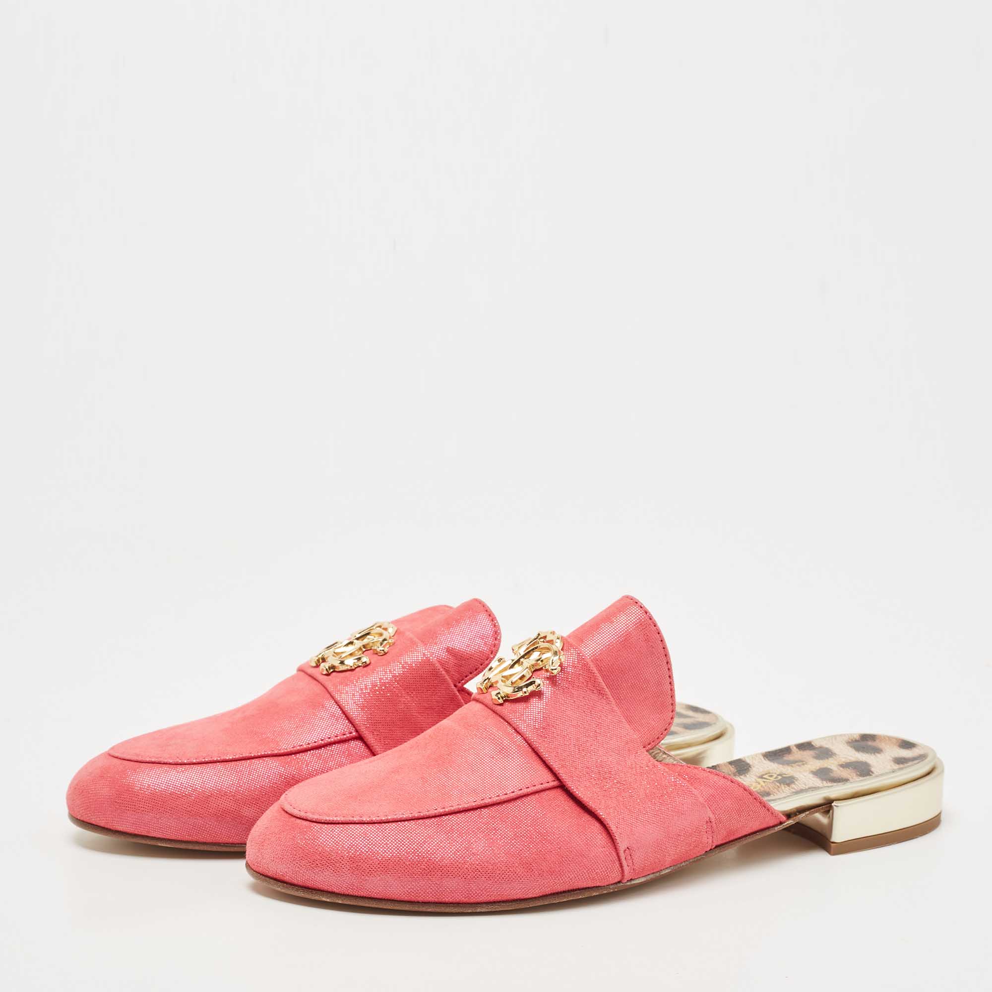 

Roberto Cavalli Pink Nubuck Leather Logo Mules Size