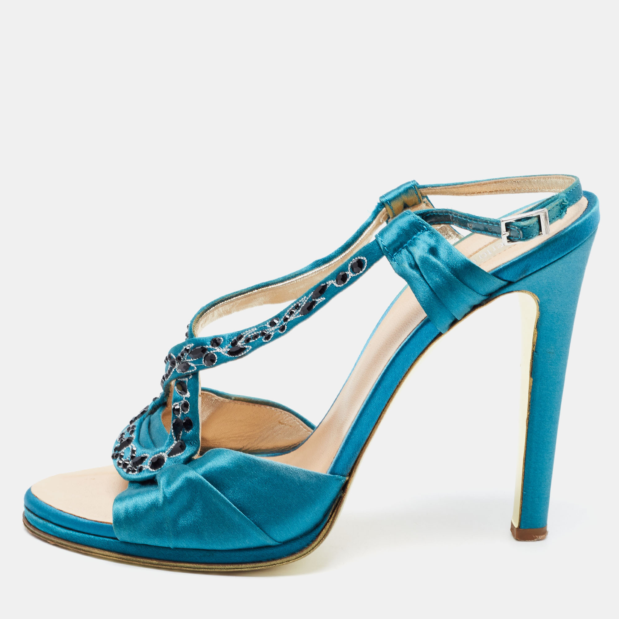 Pre-owned Roberto Cavalli Blue Satin Ankle Strap Sandals Size 39