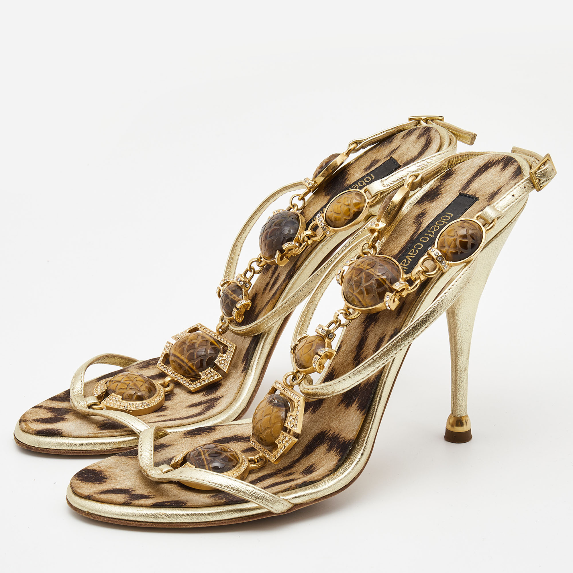 

Roberto Cavalli Gold Leather Jeweled and Crystal Embellished T-Strap Sandals Size