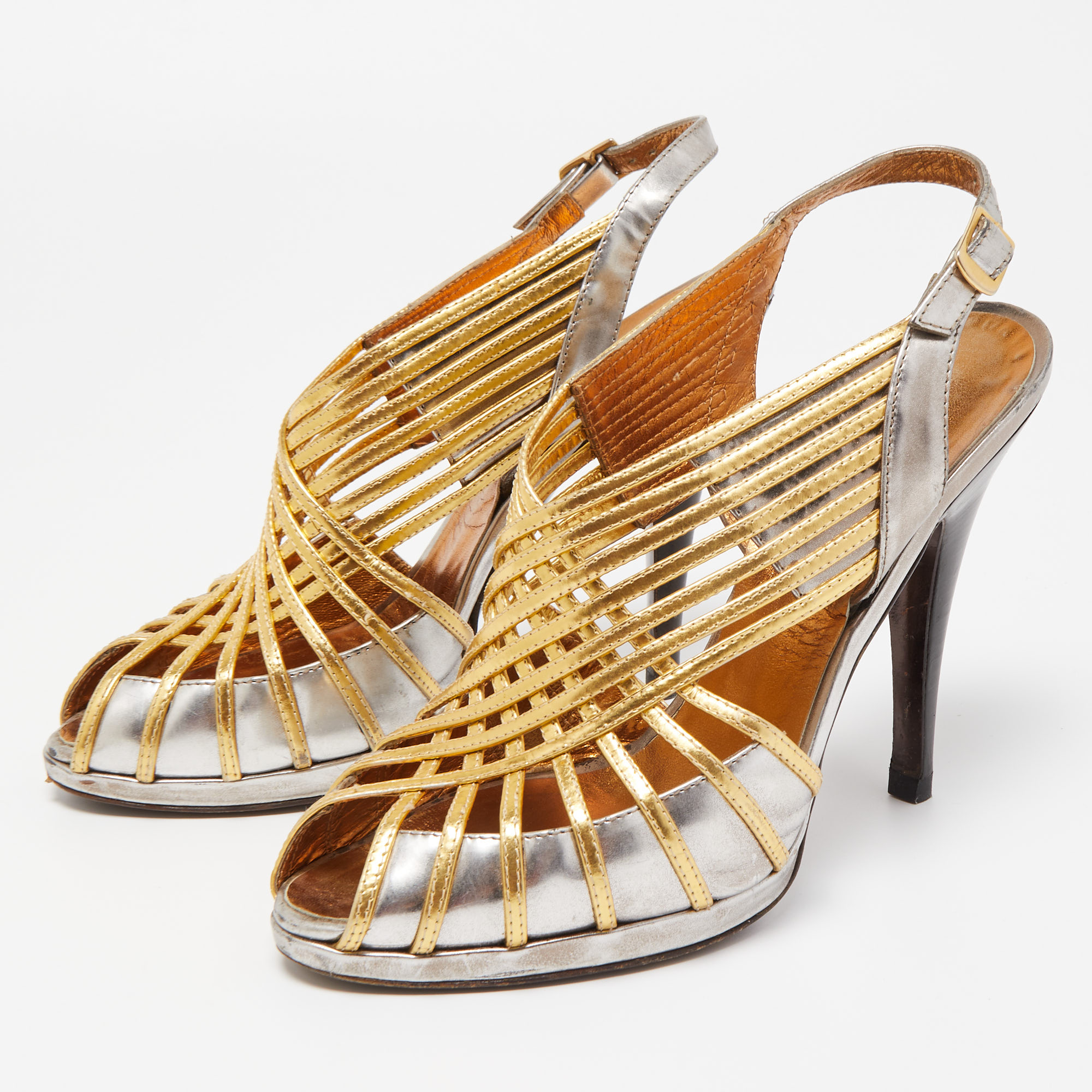 

Roberto Cavalli Gold/Silver Leather Peep Toe Strappy Slingback Sandals Size