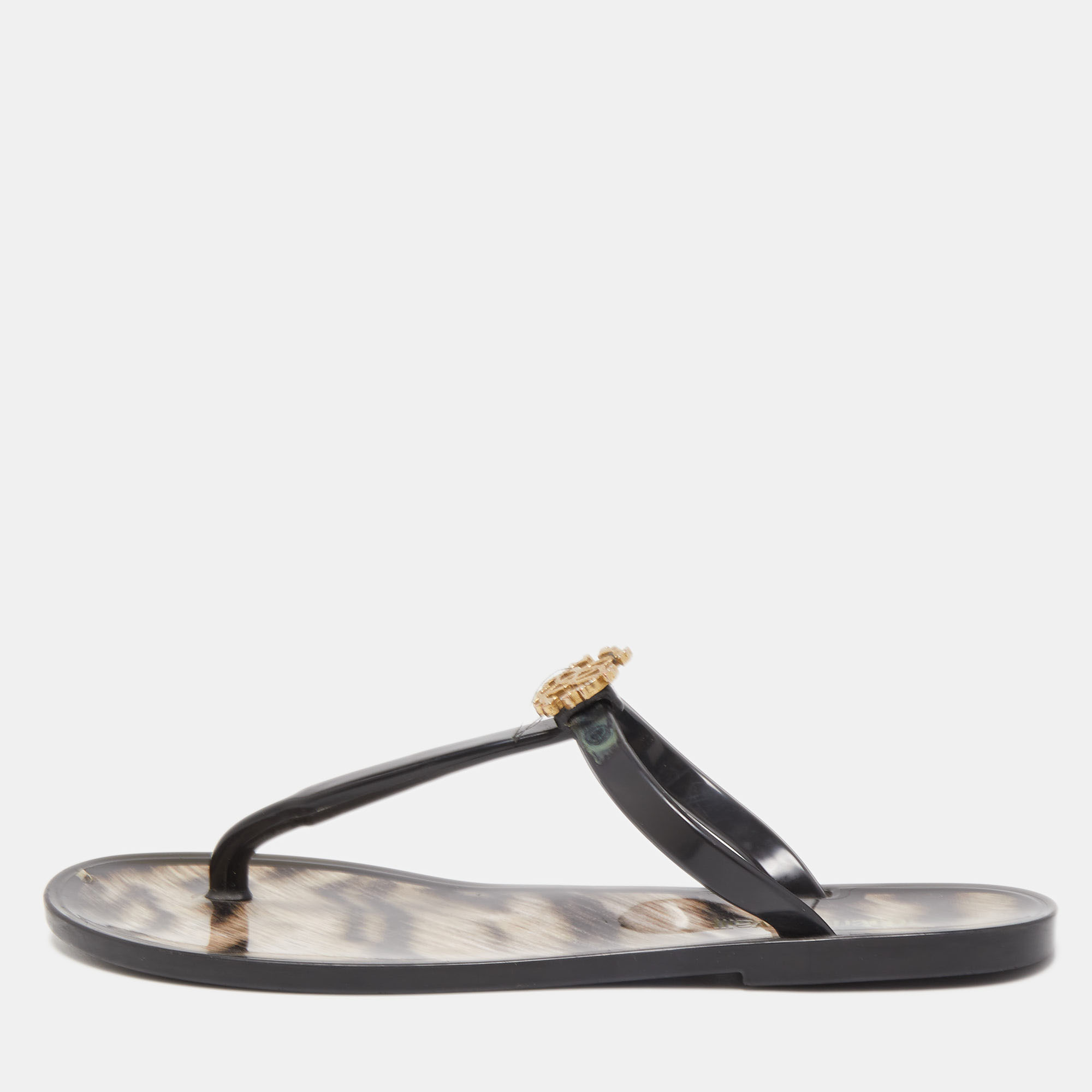 Pre-owned Roberto Cavalli Black Rubber Thong Flat Sandals Size 37