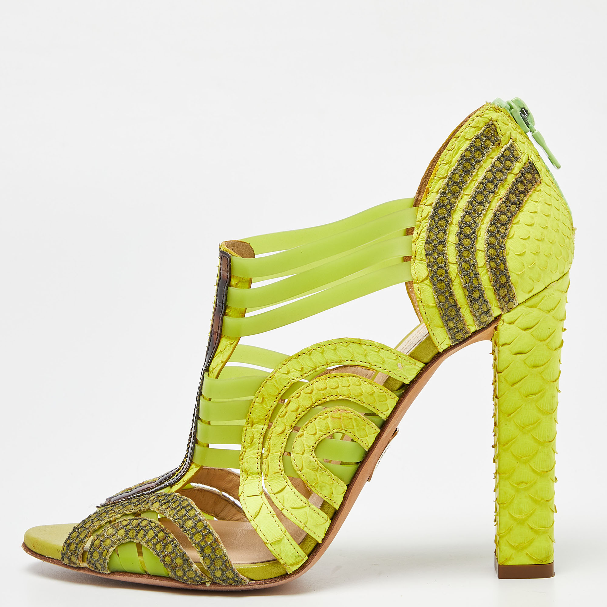 Pre-owned Roberto Cavalli Green Watersnake Leather And Jelly Cage Open Toe Sandals Size 38.5