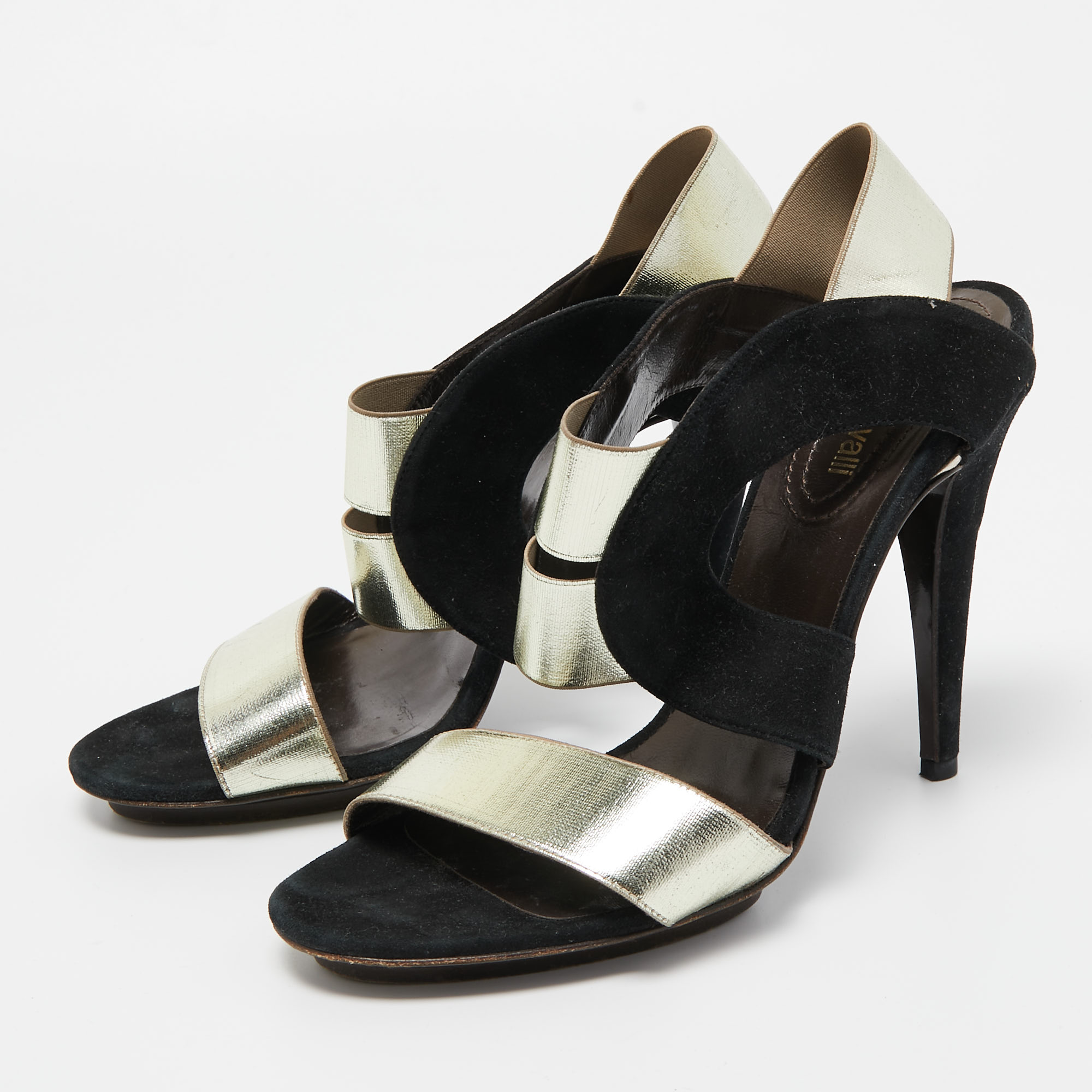 

Roberto Cavalli Black/Gold Suede and Leather Ankle Strap Sandals Size