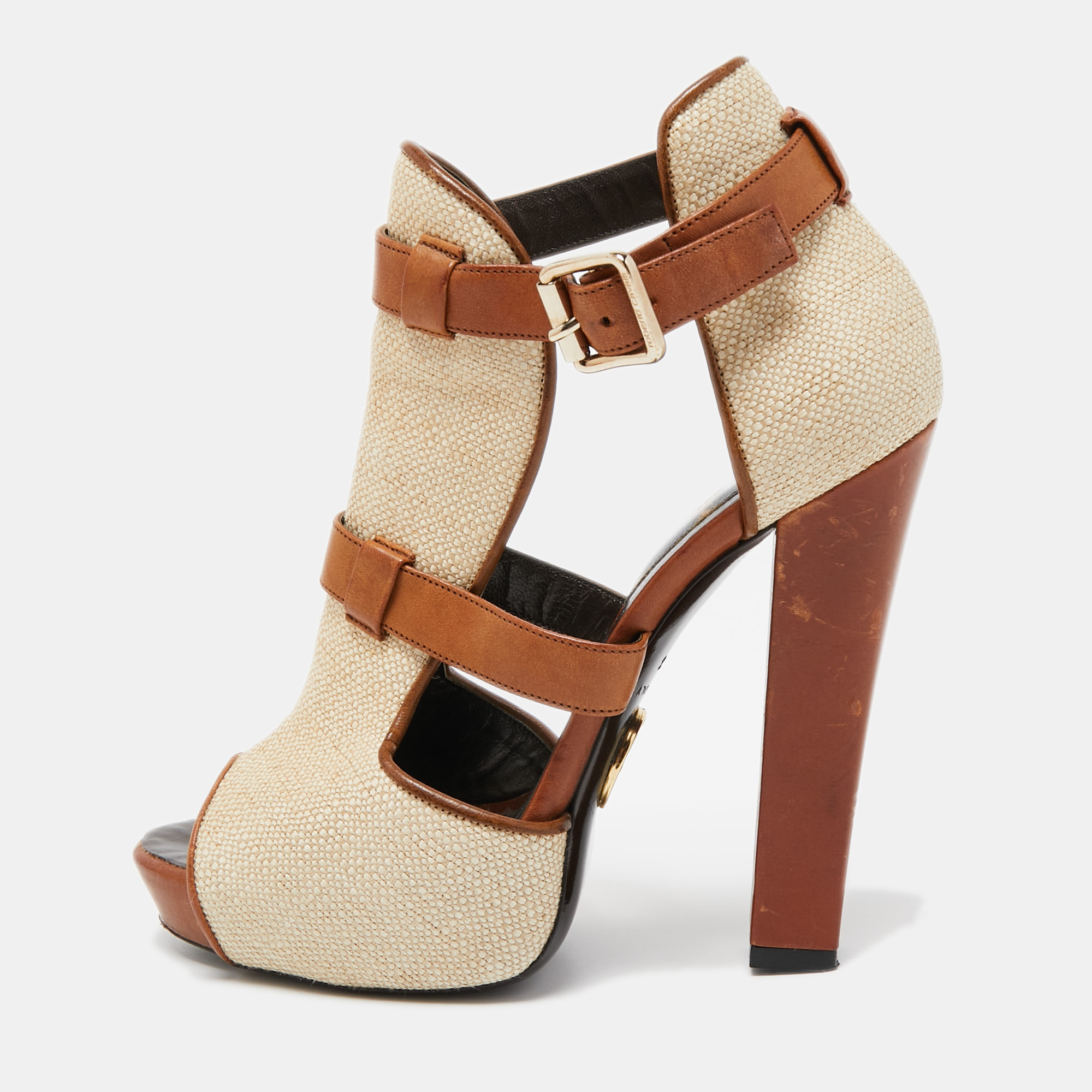 

Roberto Cavalli Beige/Brown Raffia and Leather Double Strap Peep Toe Booties Size