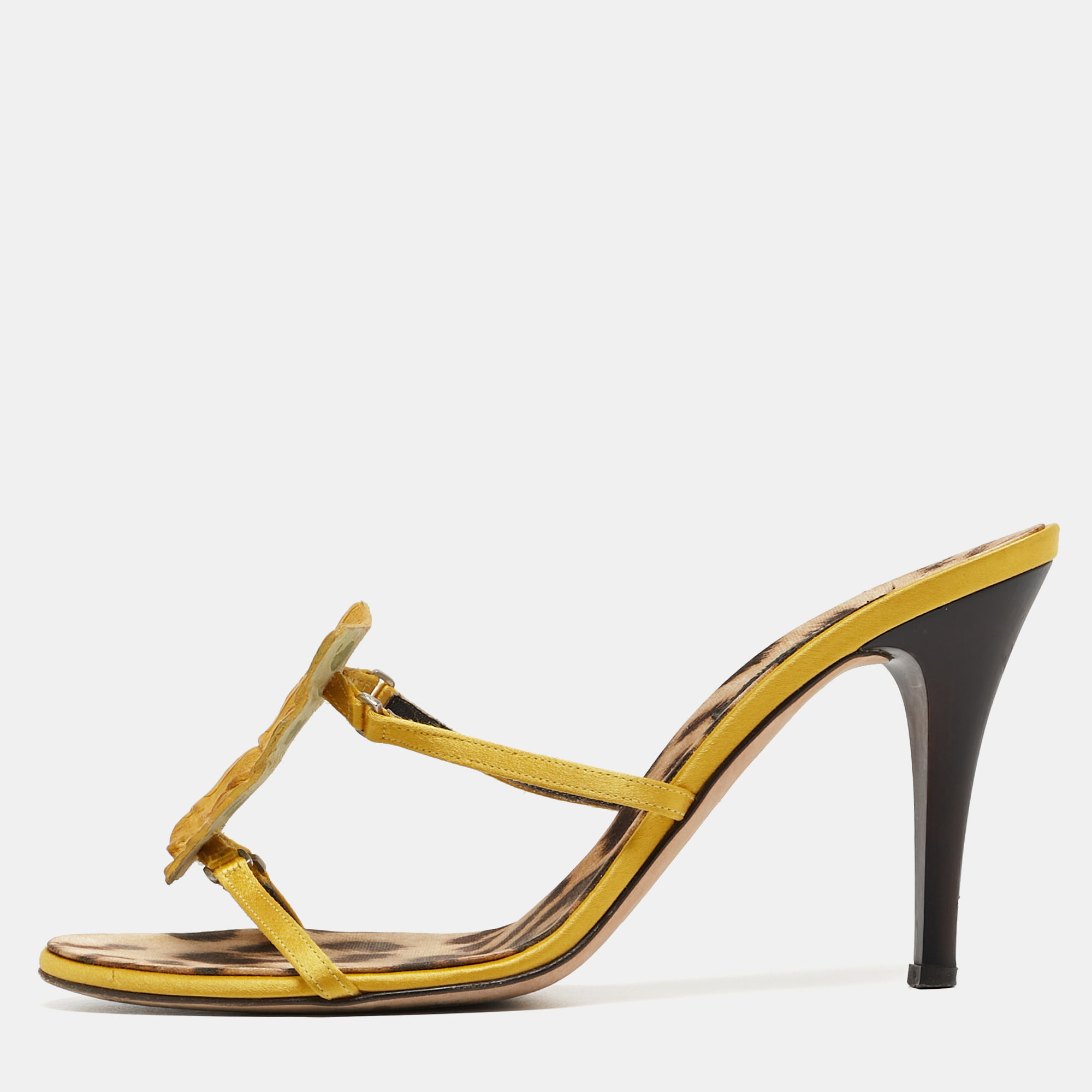 

Roberto Cavalli Yellow Satin and Crocodile Slide Sandals Size