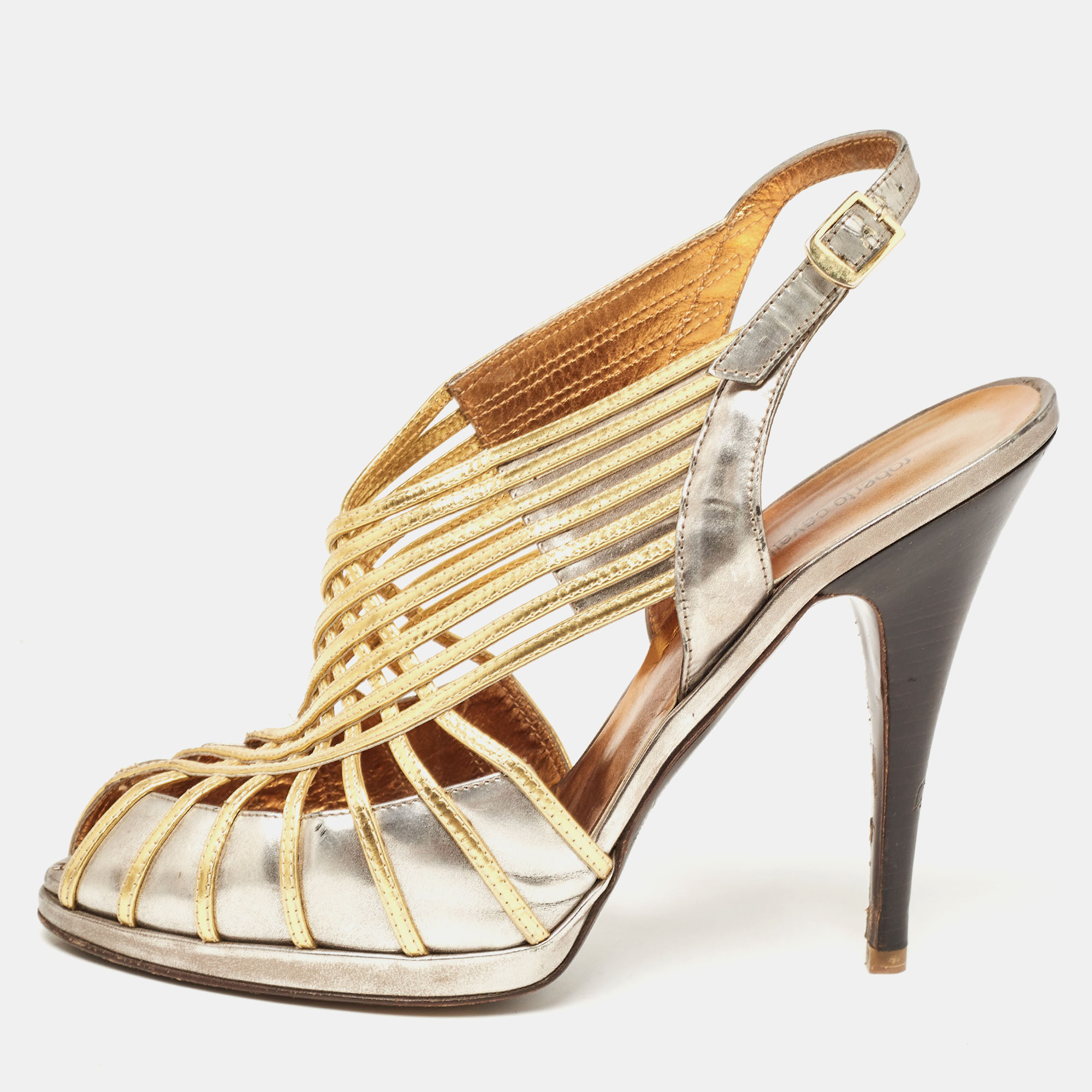 Pre-owned Roberto Cavalli Metallic Leather Strappy Sandals Size 40