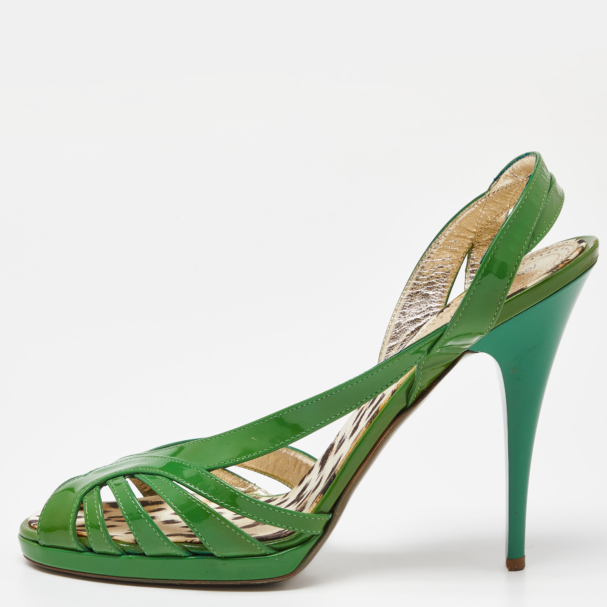 Pre-owned Roberto Cavalli Green Patent Leather Strappy Sandals Size 40