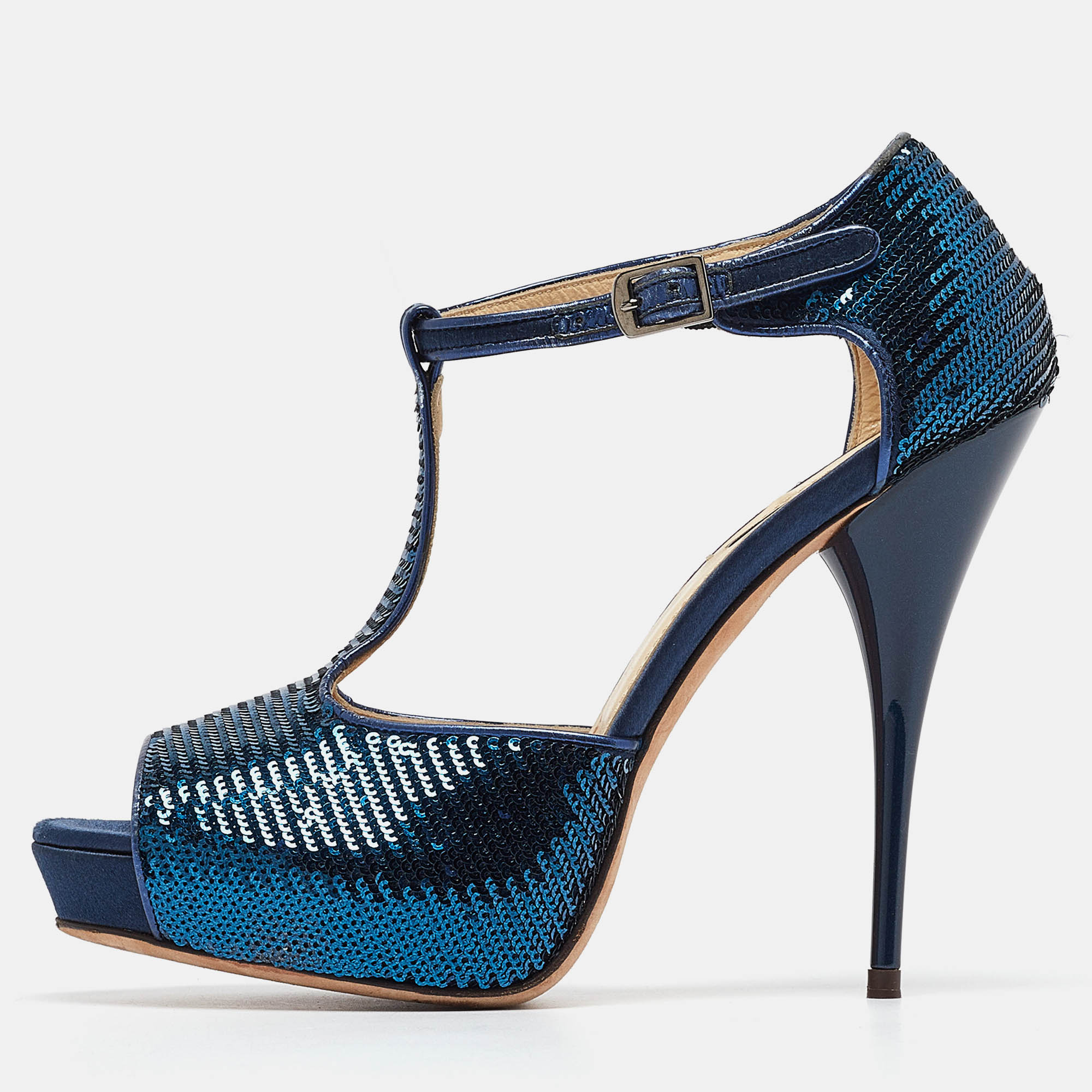 

Roberto Cavalli Blue Sequins T-Strap Open Toe Platform Ankle Strap Sandals Size