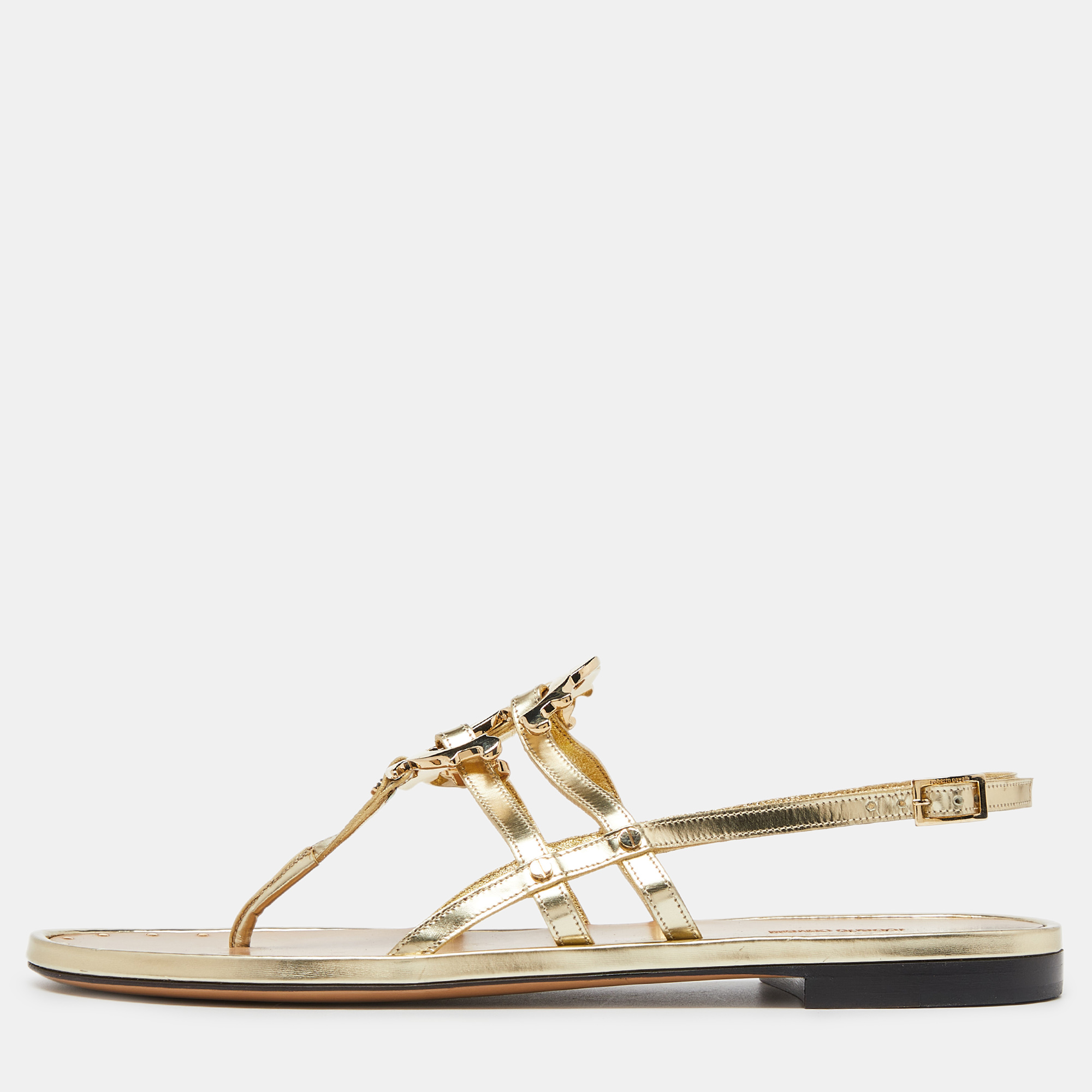 

Roberto Cavalli Gold Laminated Leather Thong Ankle Strap Flat Sandals Size
