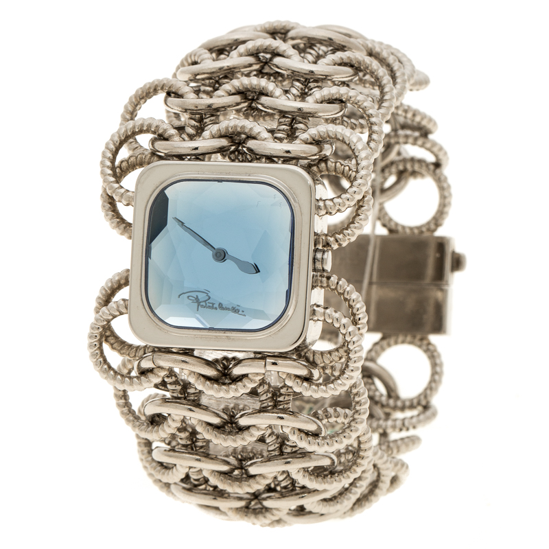 Pre Owned Roberto Cavalli Blue Stainless Steel Chain Link Women's Wristwatch 24 mm