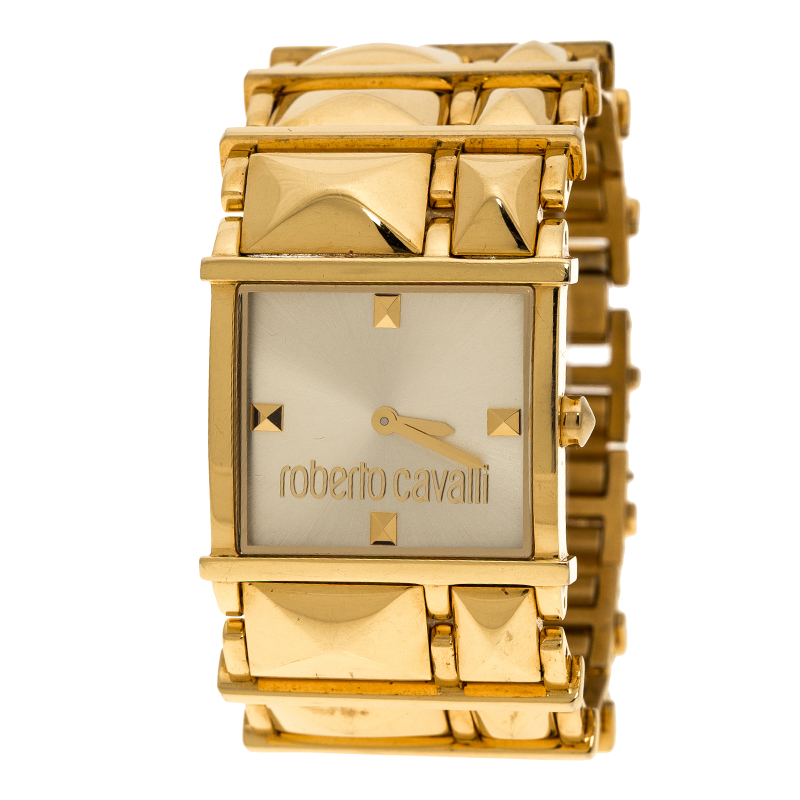 مملوكة مسبقًا Roberto Cavalli Gold Tone Stainless Steel Rectangle Women's Wristwatch 27 mm