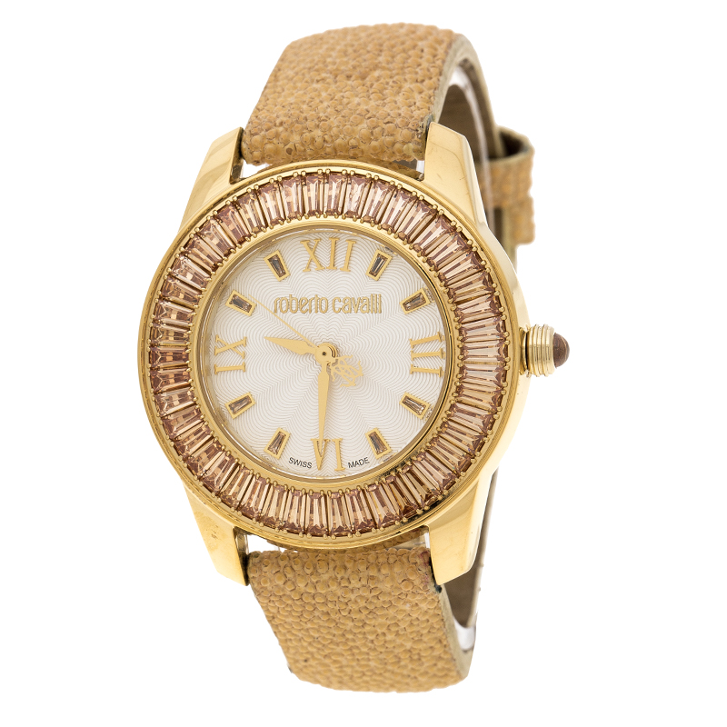 مملوكة مسبقًا ساعة يد نسائية روبرتو كافالي فاجيت ستانلس ستيل مطلي ذهب كريستال فضية 37مم