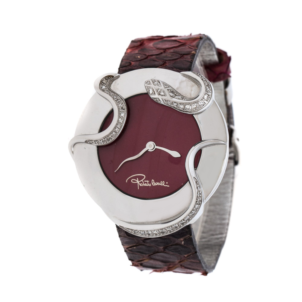 Pre Owned Roberto Cavalli Maroon Stainless Steel Diamonds Snake 7251165523 Women's Wristwatch 38 mm