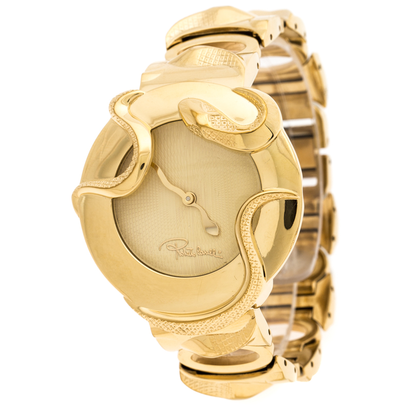 Pre Owned Roberto Cavalli Yellow Gold Plated Stainless Steel Snake Women's Wristwatch 37 mm