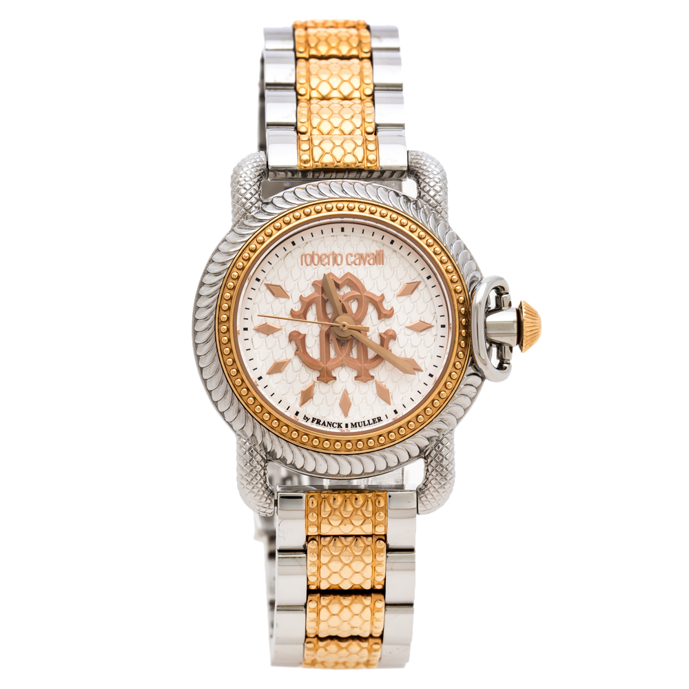 Pre Owned Roberto Cavalli By Franck Muller Silver White Two-Tone Stainless Steel 1L016 Women's Wristwatch 36 mm