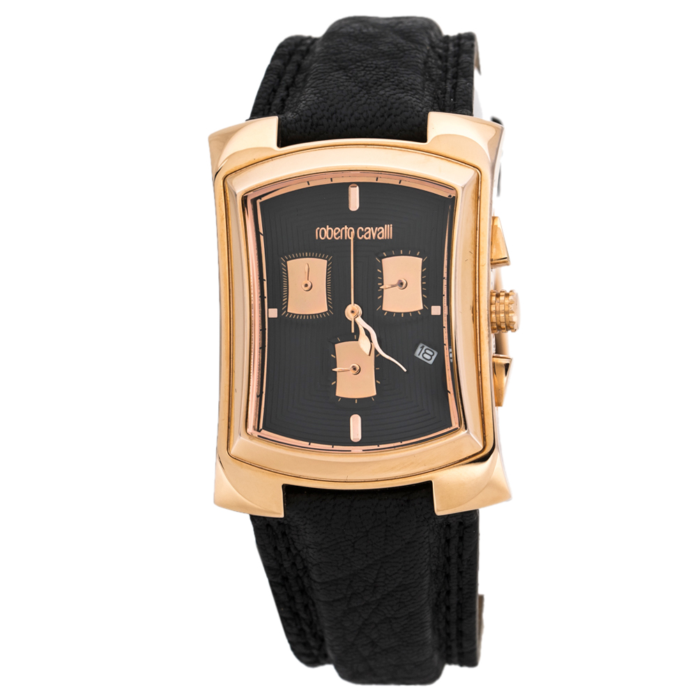 Pre Owned Roberto Cavalli Black Rose Gold Plated Stainless Steel Tomahawk R7251900125 Unisex Wristwatch 31 mm