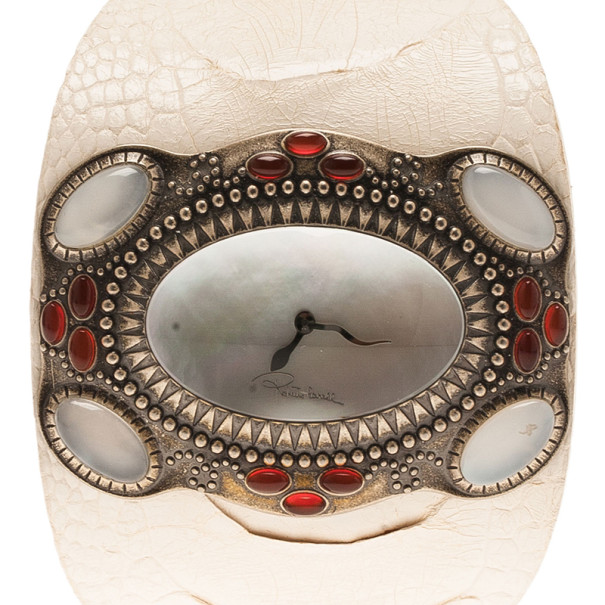 Pre Owned Roberto Cavalli Mother of Pearl Stainless Steel Oval Cuff Women's Wristwatch 53MM