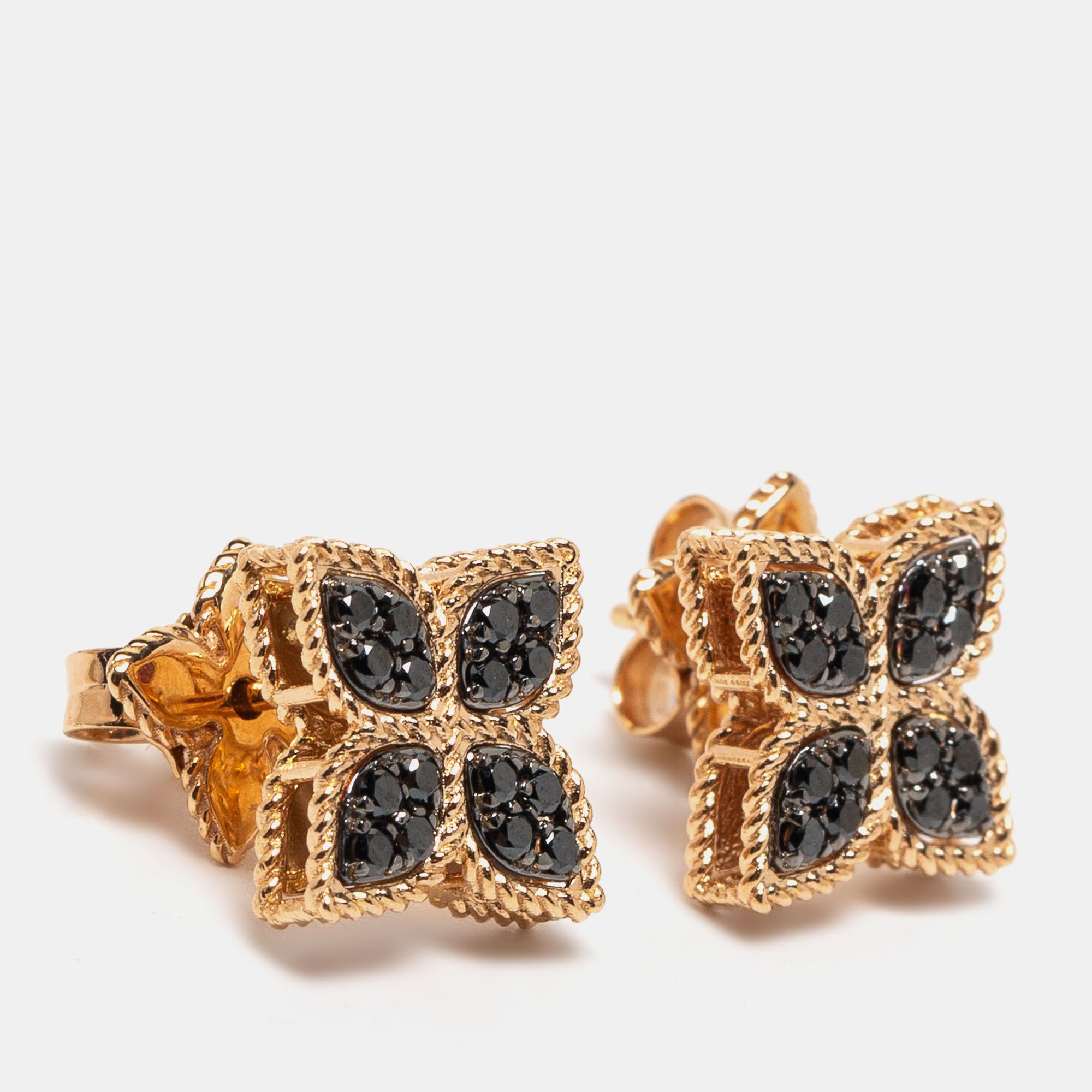 

Roberto Coin Princess Flower Black Diamond 18k Two Tone Gold Stud Earrings