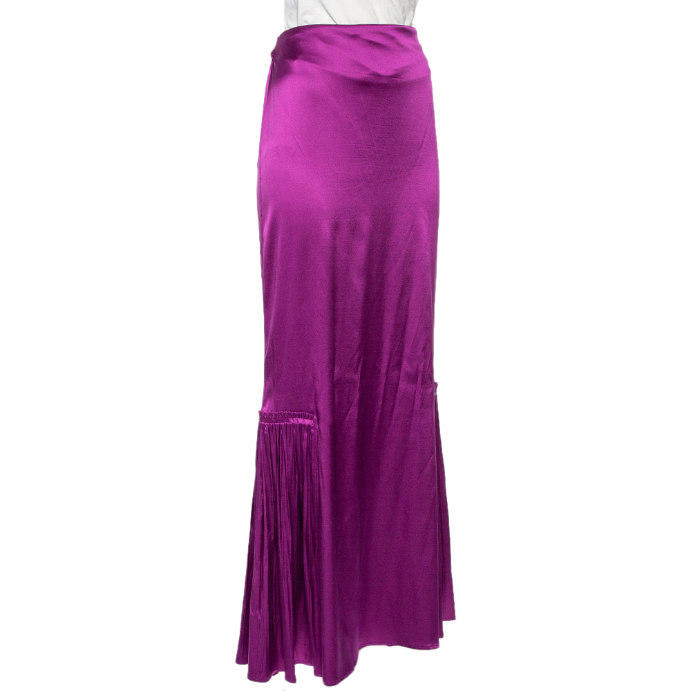 

Roberto Cavalli Purple Silk Satin Pleated trim Detail Maxi Skirt