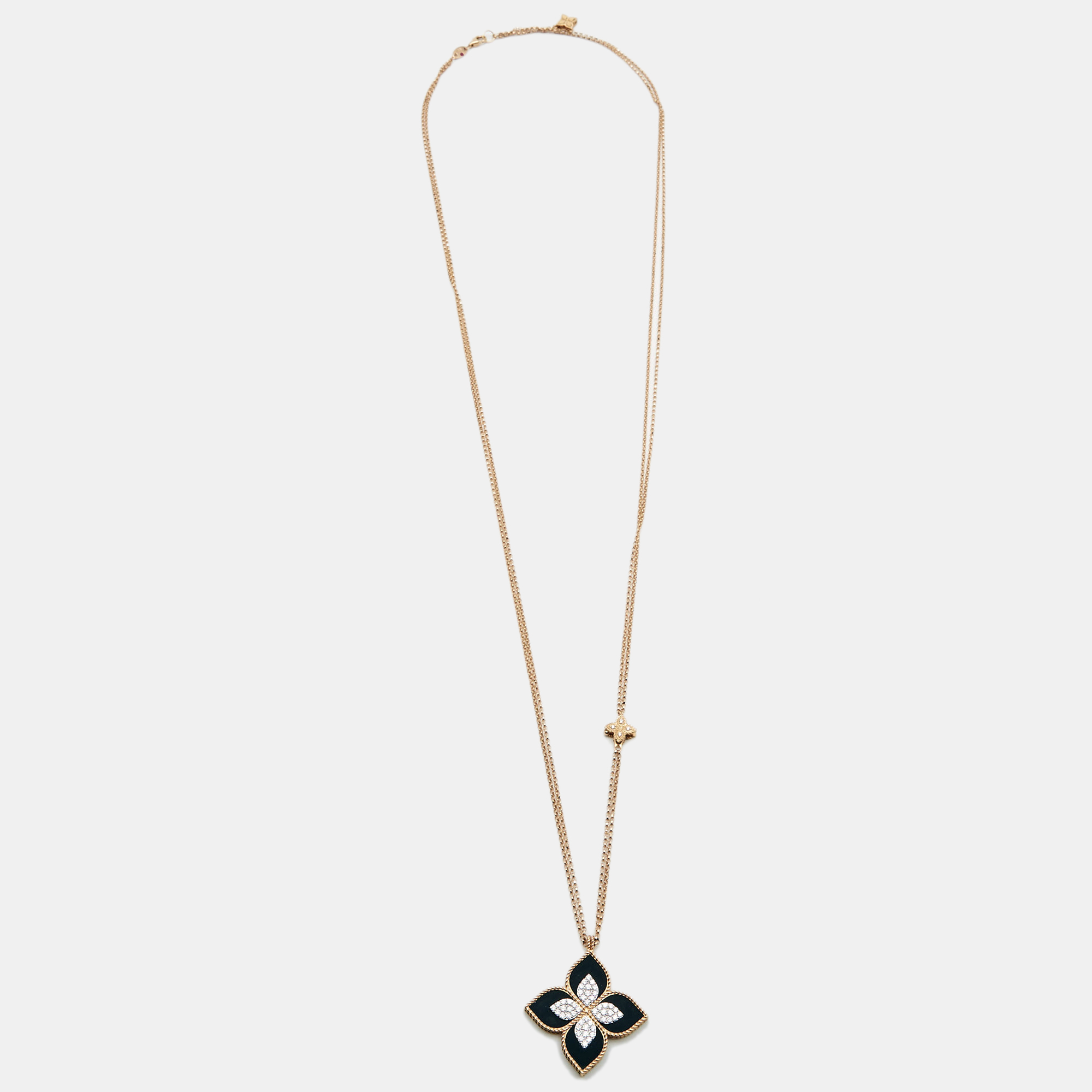 

Roberto Coin Princess Flower Black Jade Diamonds 18k Rose Gold Large Model Pendant Necklace