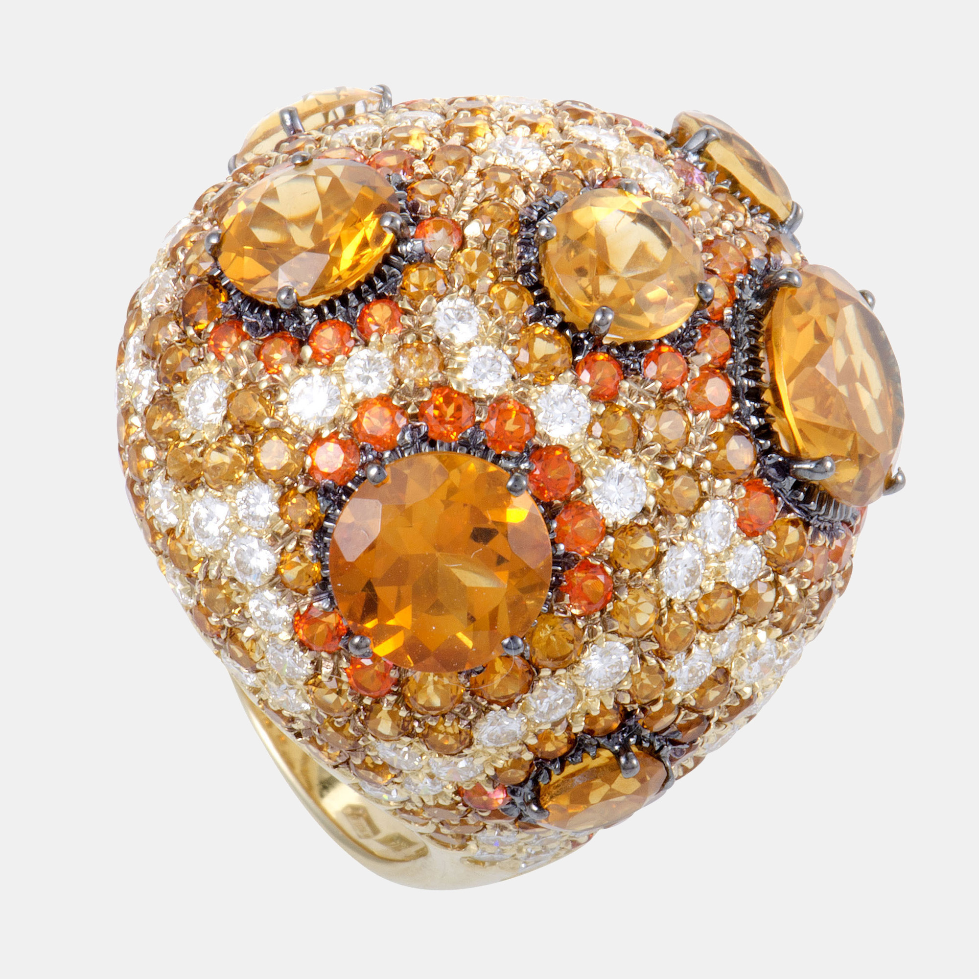 Mesmerizing flamboyant and certainly memorable the majestic design of this astonishing ring from Roberto Coin is executed to perfection with partially black rhodium plated 18K yellow gold hosting a spellbinding blend of glistening diamonds totaling 2.70 carats orange topaz stones amounting to 0.42ct and fabulous orange citrine stones weighing in total 11.50 carats. Ring Top Dimensions 30 x 30mm