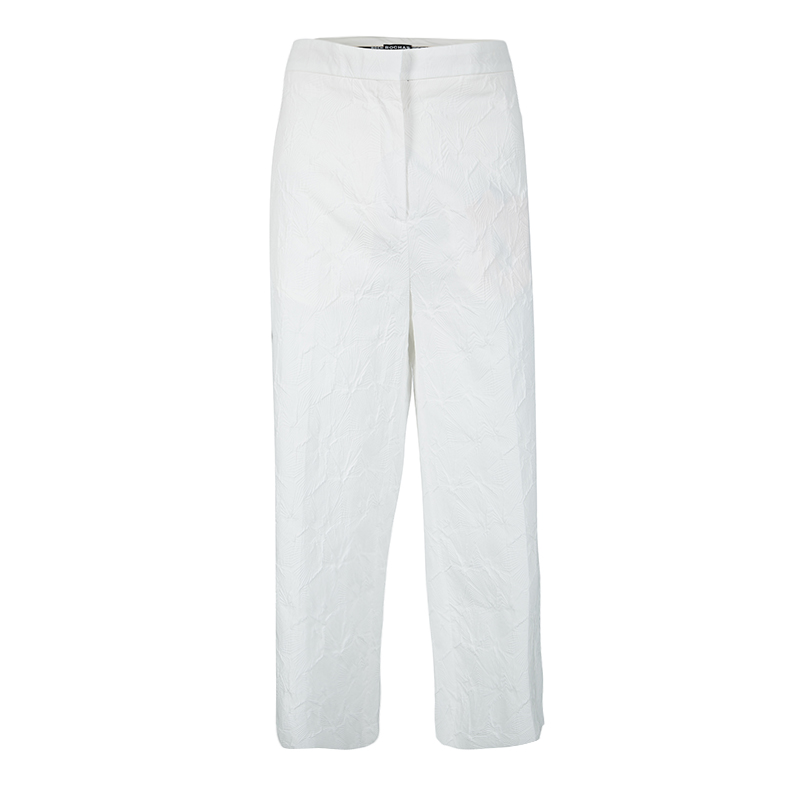 Pre Owned Rochas White Cotton Jacquard Cropped Wide Leg Trousers L