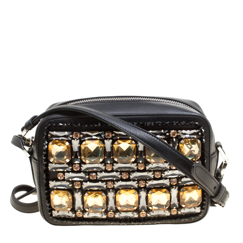Pre Owned Rochas Black Leather Crystal Embellished Crossbody Bag