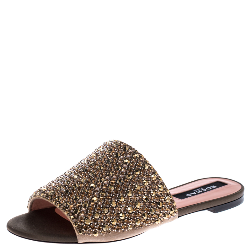 Rochas Beige Suede Crystal Embellished Open Toe Flat Slides Size 38