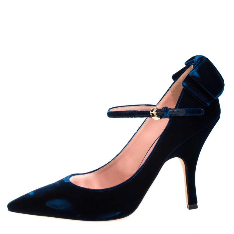 

Rochas Blue Velvet Bow Ankle Strap Pointed Toe Pumps Size