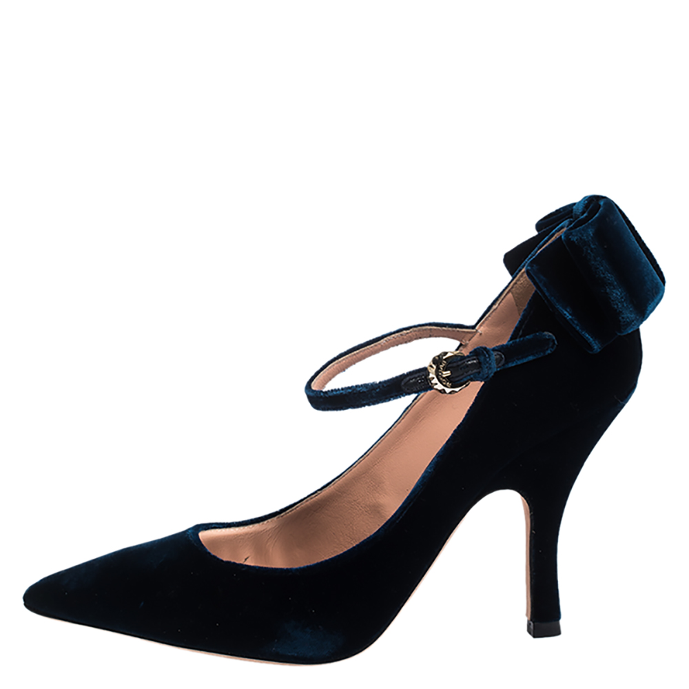 

Rochas Navy Blue Velvet Bow Ankle Strap Pointed Toe Pumps Size