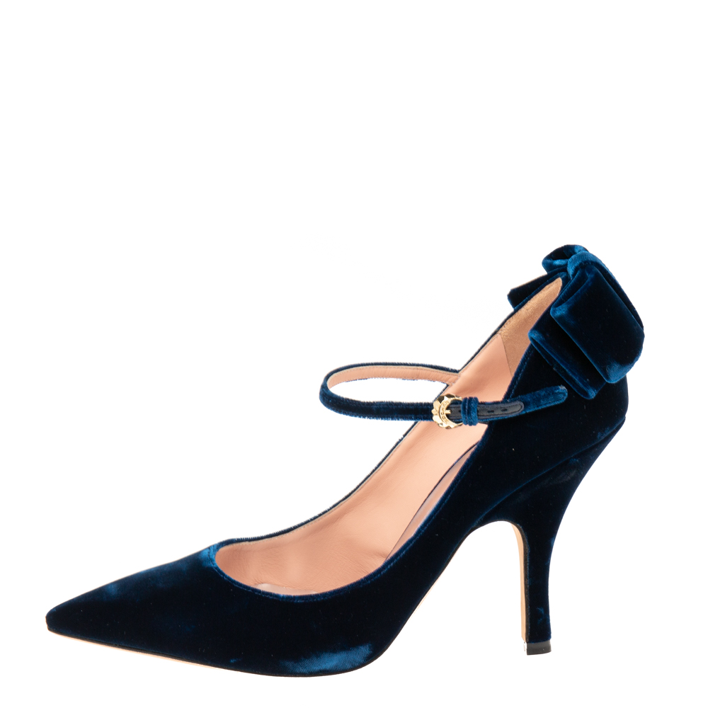 

Rochas Blue Velvet Bow Ankle Strap Pointed Toe Pumps Size