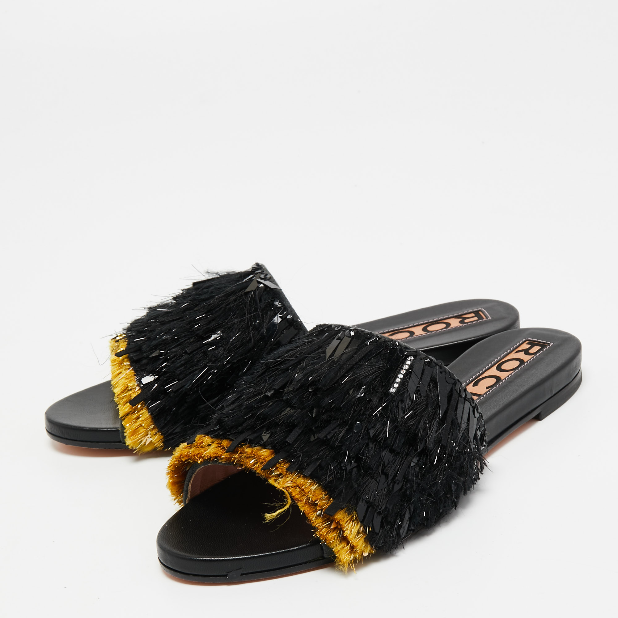 

Rochas Black Fringe Embellished Suede Flat Slides Size