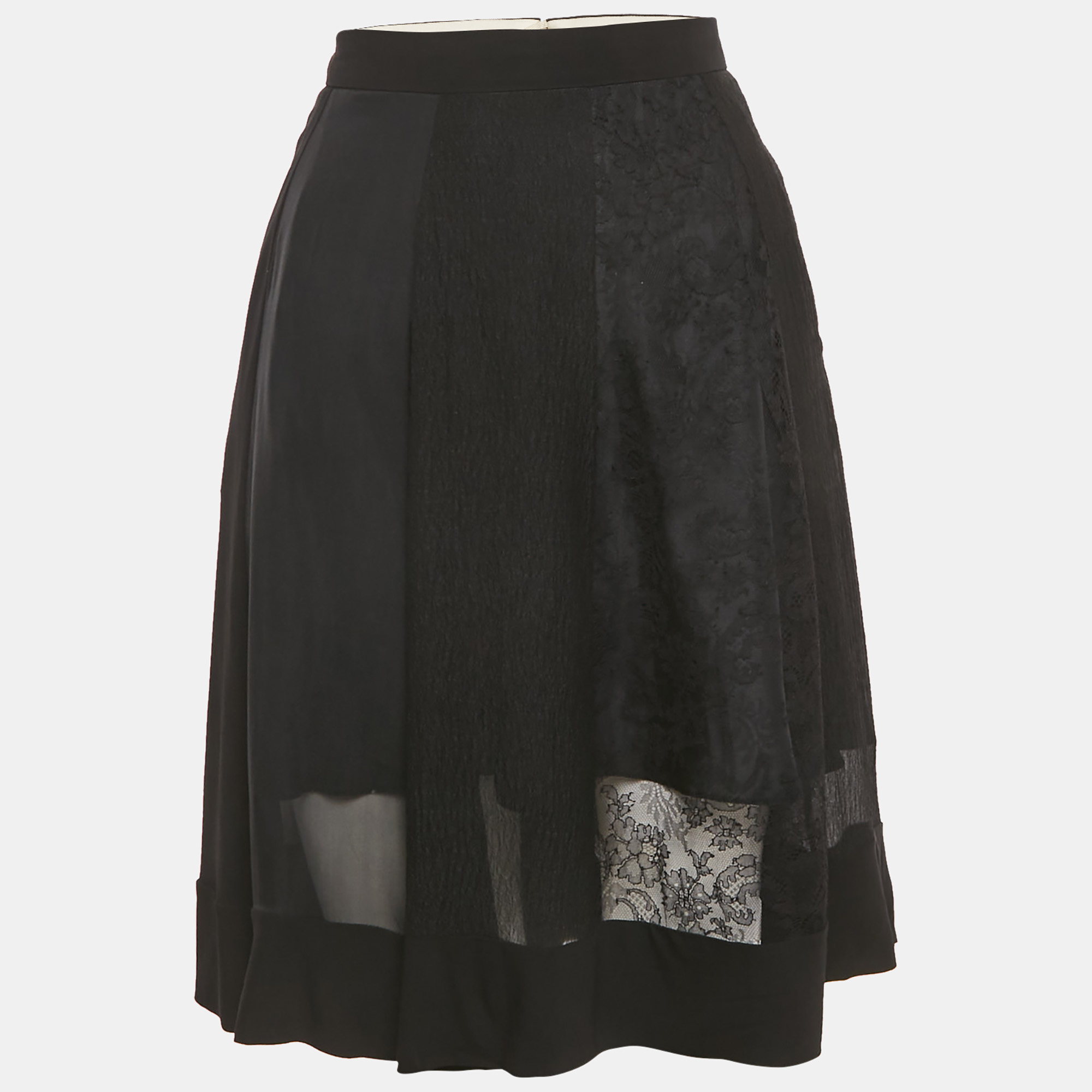 Pre-owned Rochas Black Crinkled Crepe & Lace Paneled Mini Skirt M