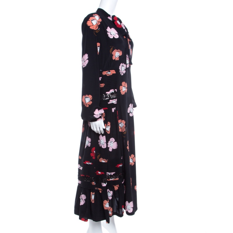 Pre-owned Rochas Black Floral Printed Silk Lace Trim Pintuck Detail Midi Dress M