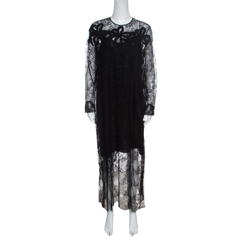 Pre Owned Rochas Black Floral Lace Long Sleeve Half Lined Maxi Dress XL