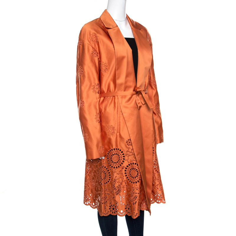 

Rochas Orange San Gallo Eyelet Embroidered Duchesse Satin Belted Overcoat