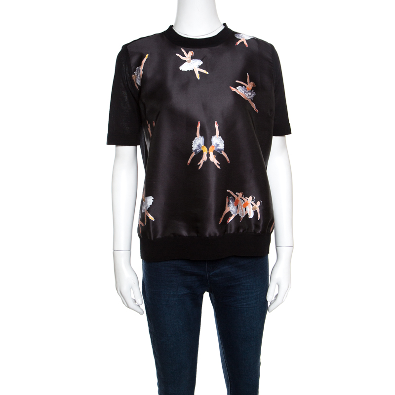 Pre Owned Rochas Black Ballerina Printed Satin and Knit Short Sleeve Top L