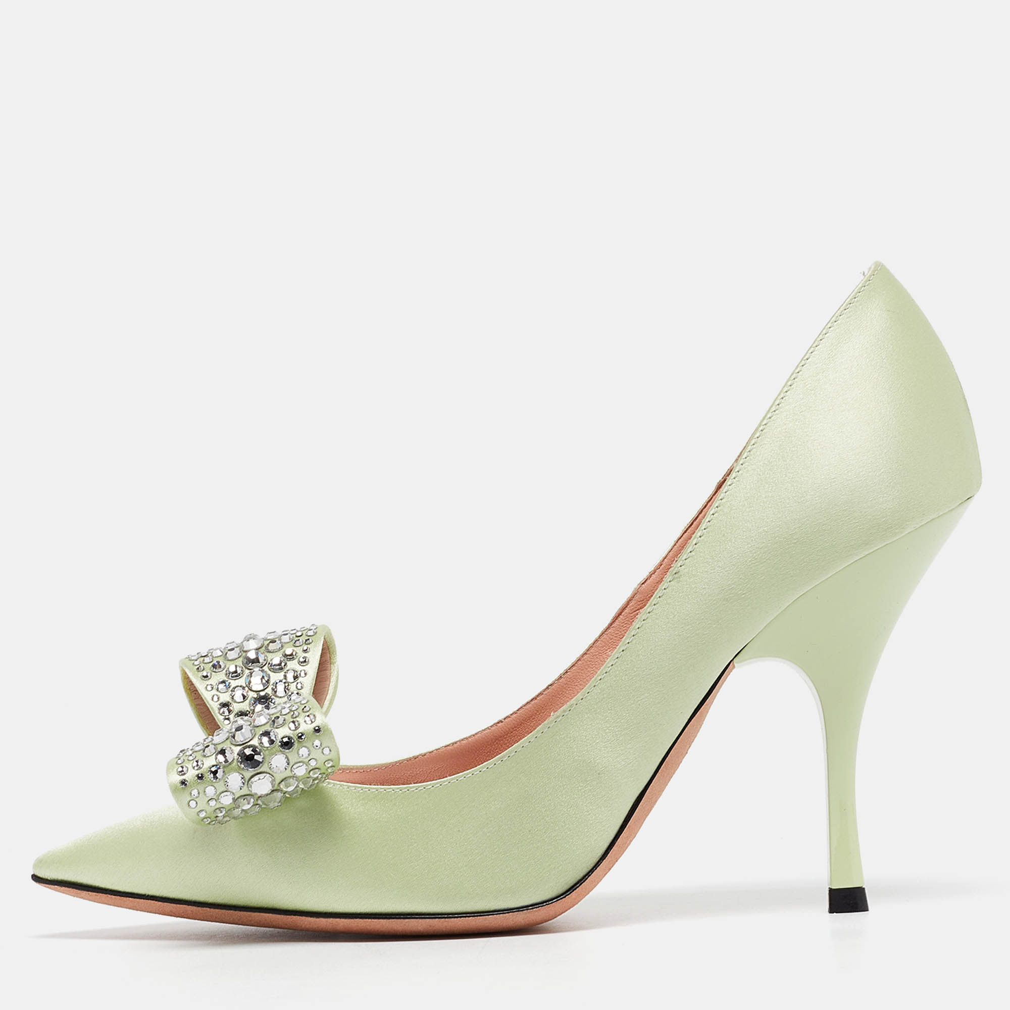 

Rochas Light Green Satin Crystal Embellished Bow Pumps Size