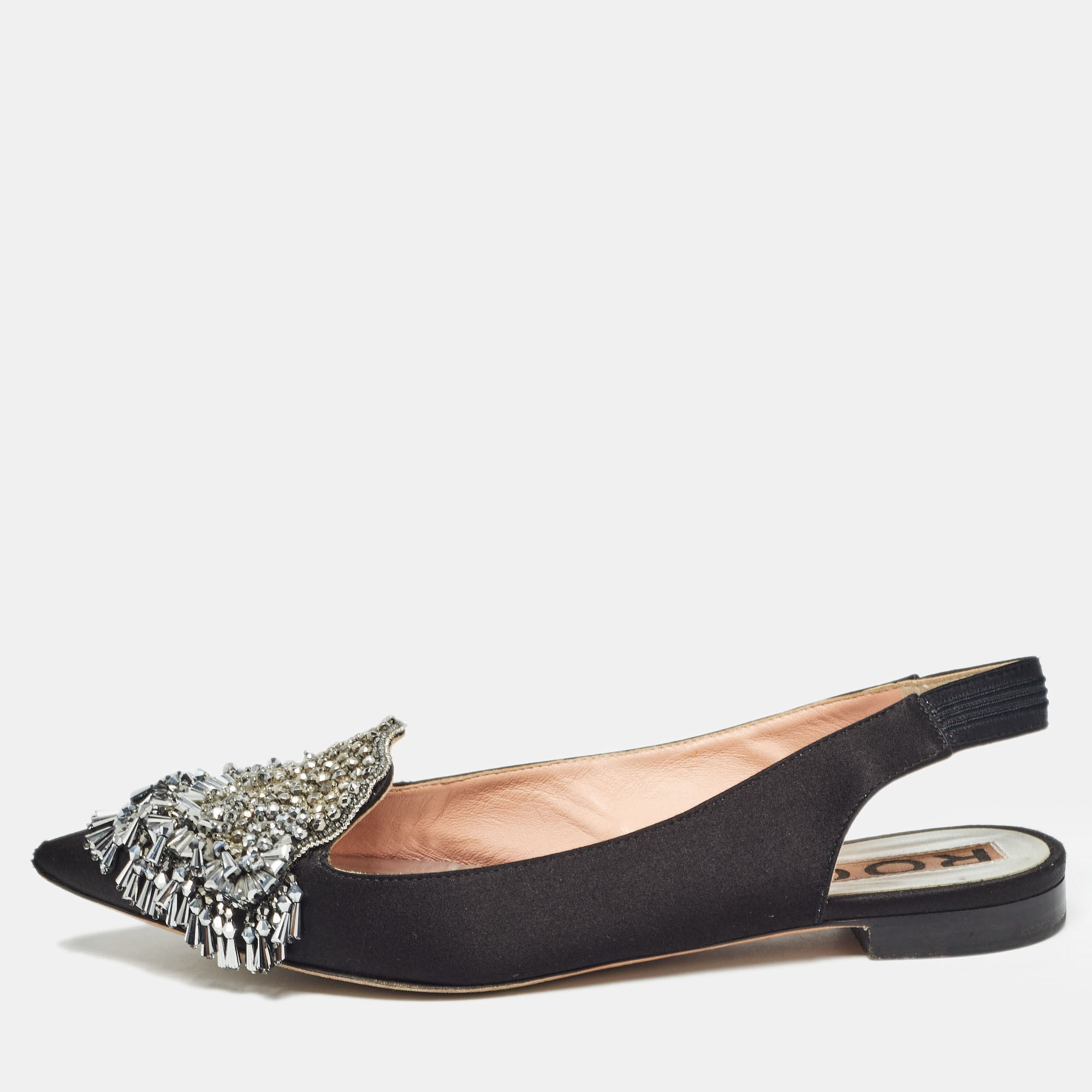 

Rochas Black Satin Crystal Embellished Flat Slingback Sandals Size