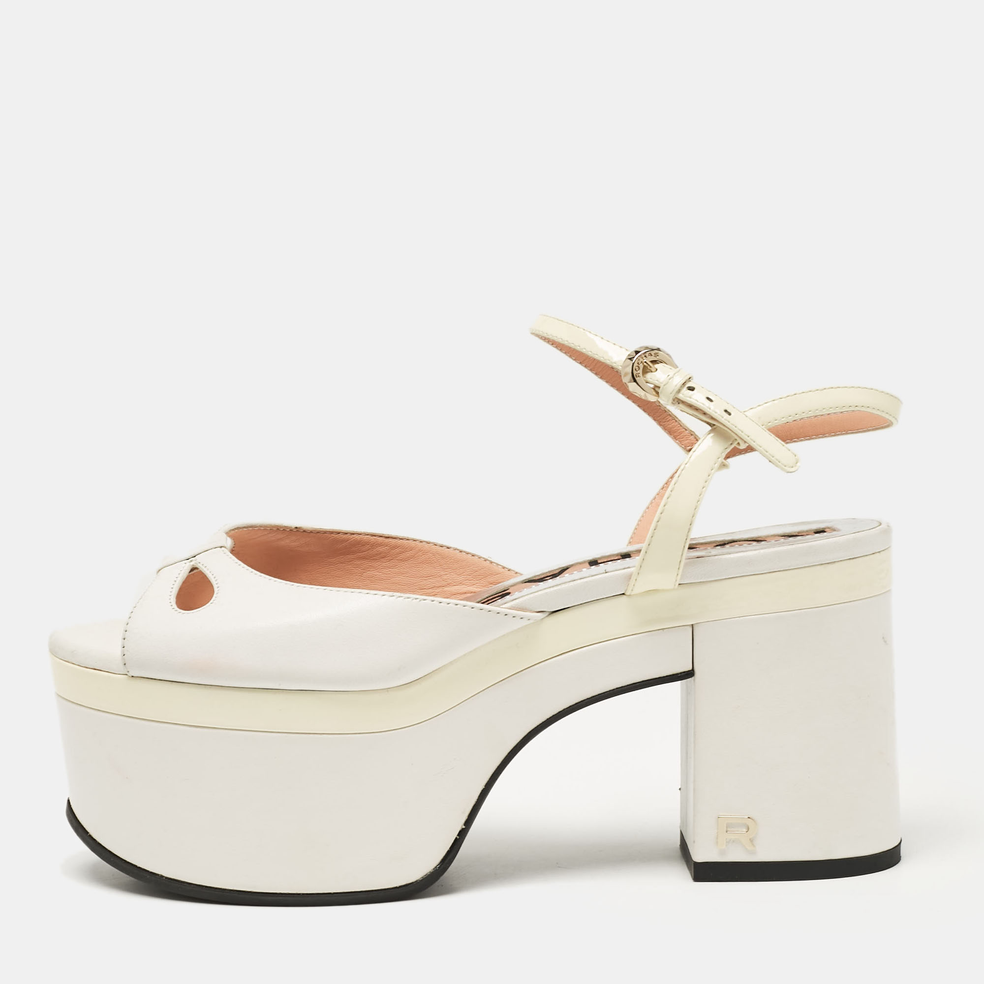 

Rochas White Leather Cutout Platform Ankle Strap Sandals Size