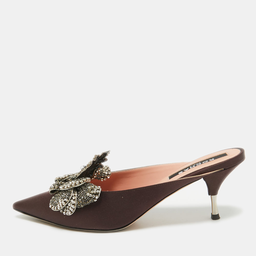 

Rochas Burgundy Satin Crystal Embellished Mules Size