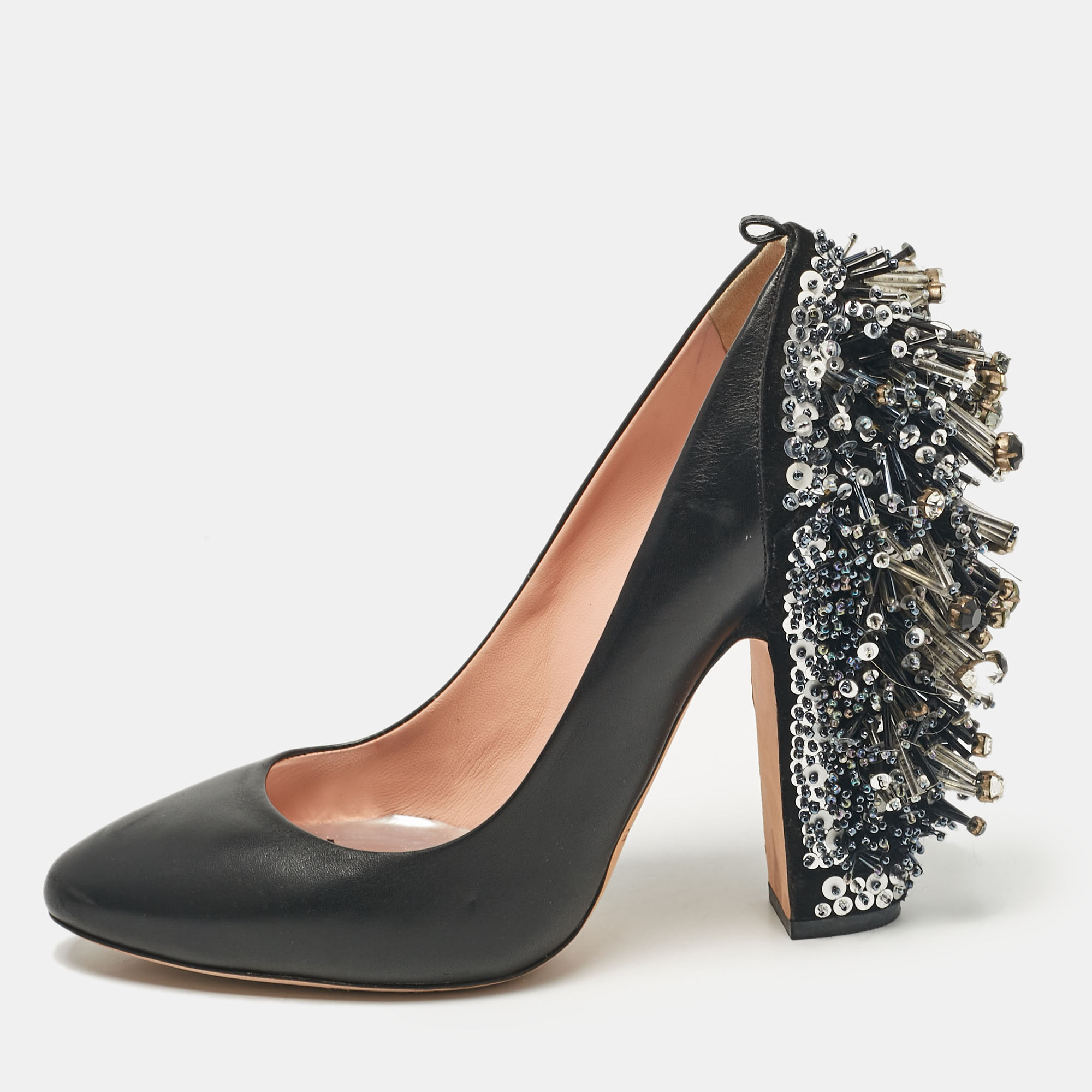 

Rochas Black Leather Embellished Block Heel Pumps Size