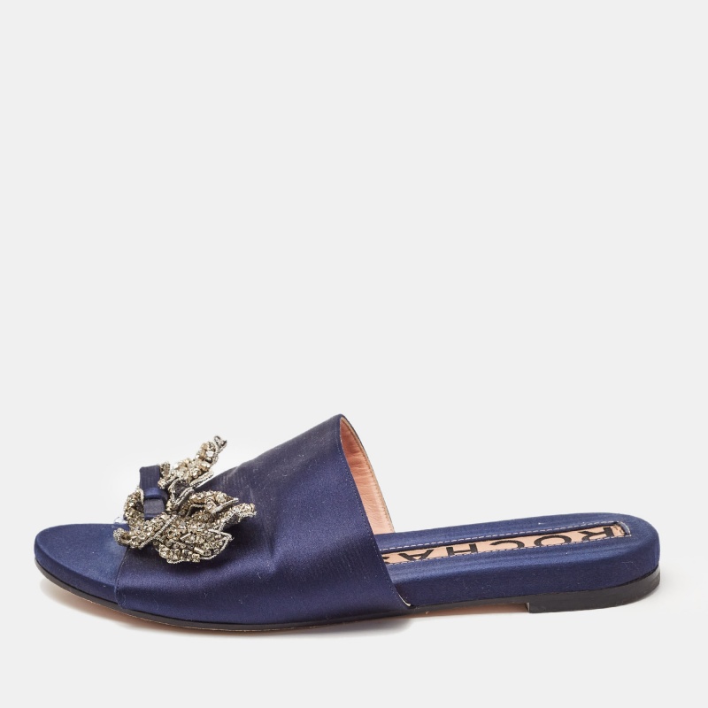 

Rochas Navy Blue Satin Crystal Embellished Bow Slide Flat Sandals Size