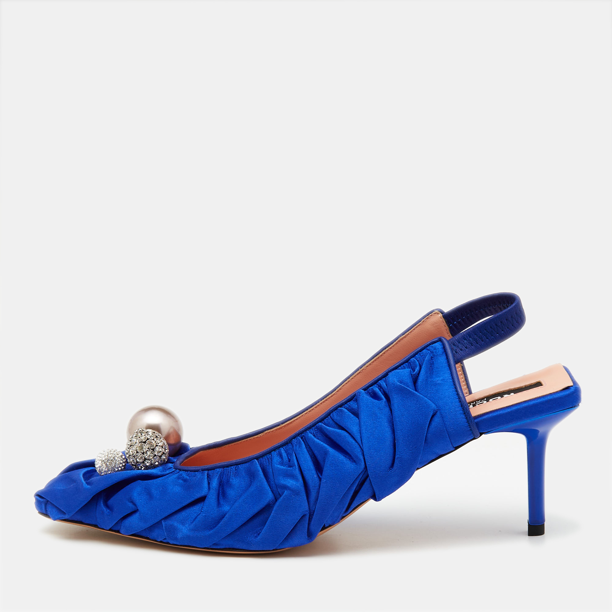 

Rochas Blue Satin Crystal Embellished Slingback Pumps Size