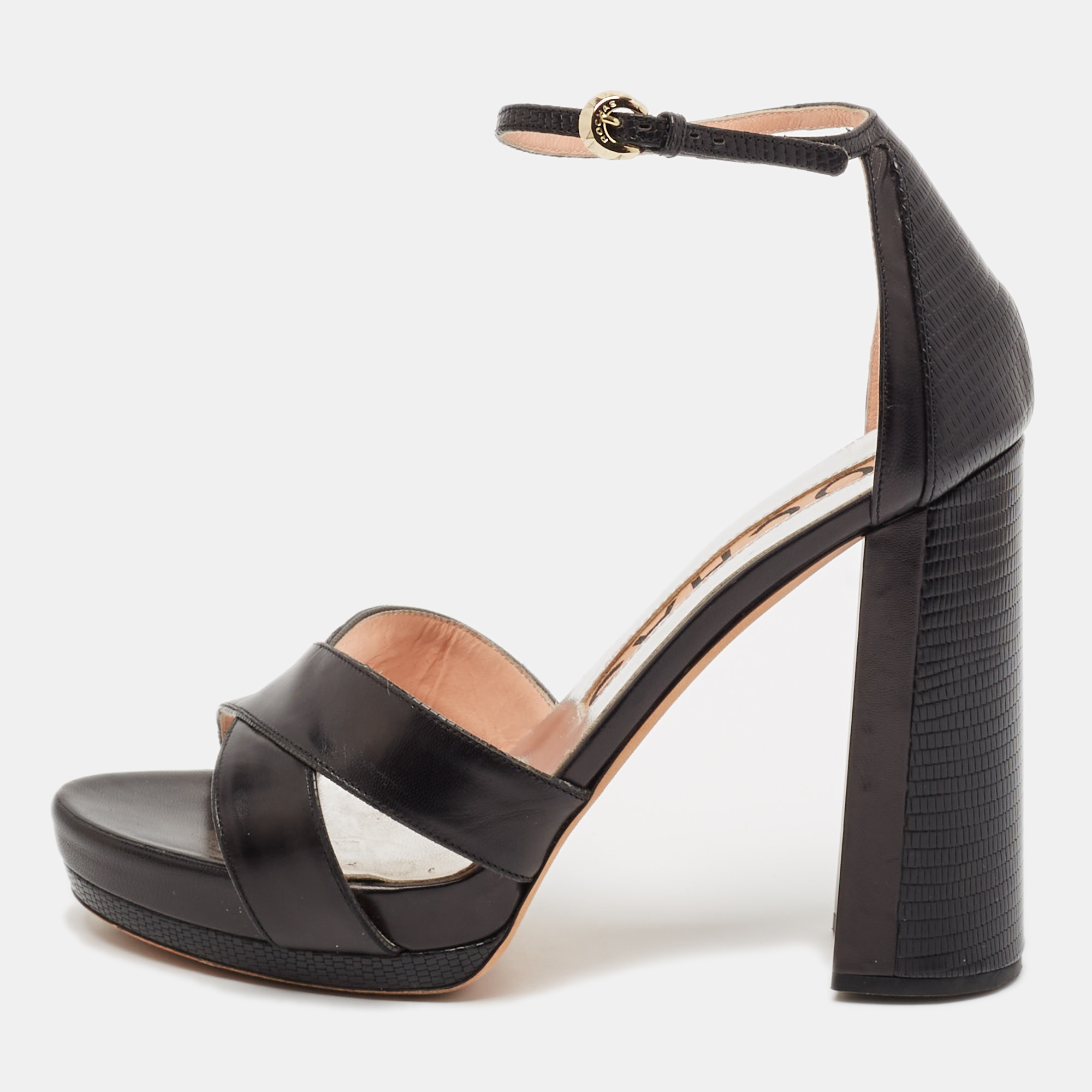 

Rochas Black Leather and Lizard Embossed Leather Ankle Strap Sandals Size