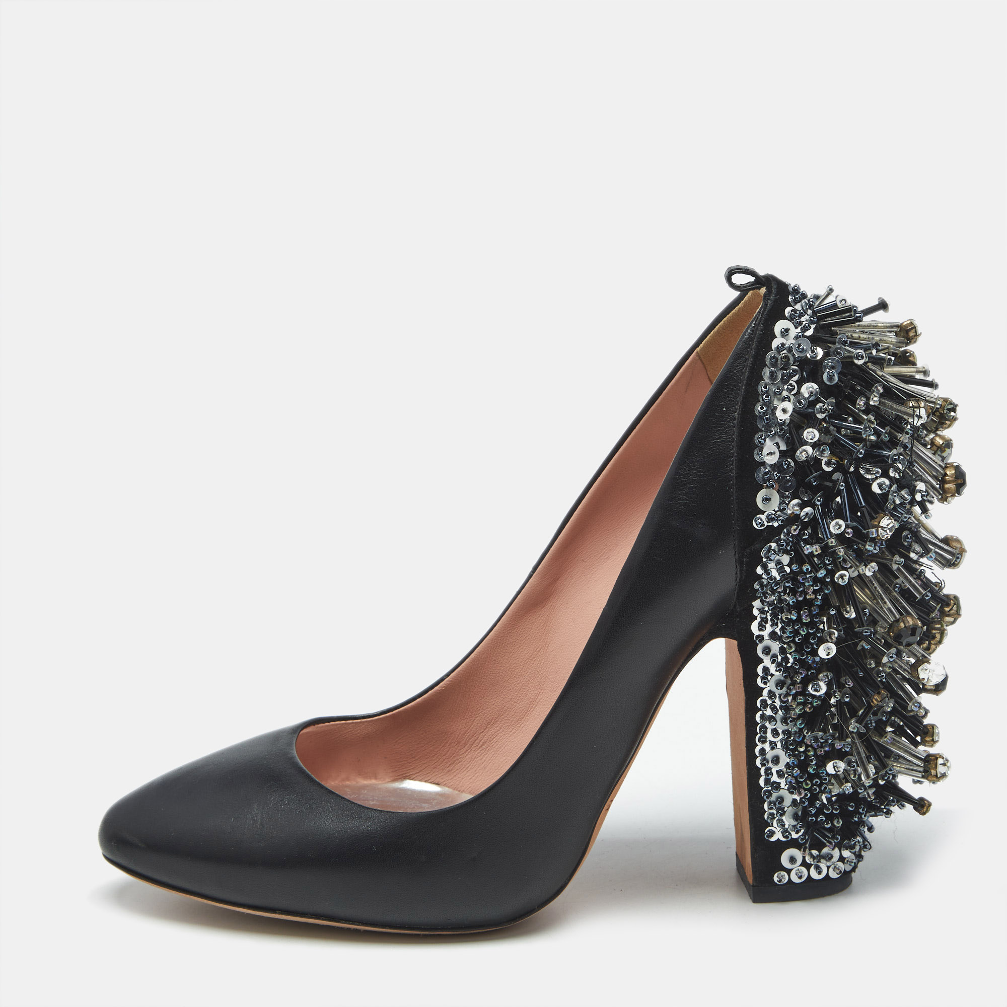 

Rochas Black Leather Crystal Embellished Block Heel Pumps Size